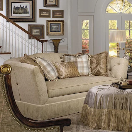 Traditional Sofa with Tufted Seat Back and Decorative Fringe Skirt